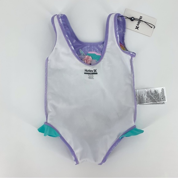 Hurley NWT Baby Girl Purple Tie Dye Unicorn Ruffle Leg One Piece Swim Suit, 24M - Picture 9 of 15
